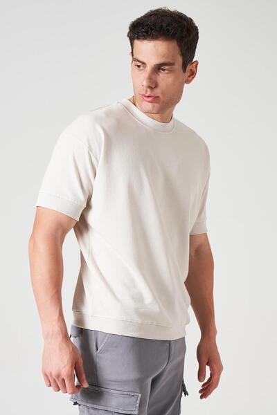 TENA Ανδρικό μπλουζάκι με μανίκια και στρίφωμα με ραβδώσεις σε μπεζ λαιμόκοψη