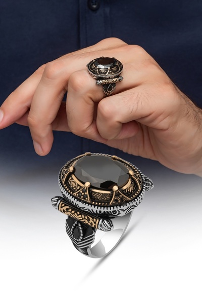 ALYANSEVİM Oval Siyah Taşlı 925 Gümüş Erkek Yüzük