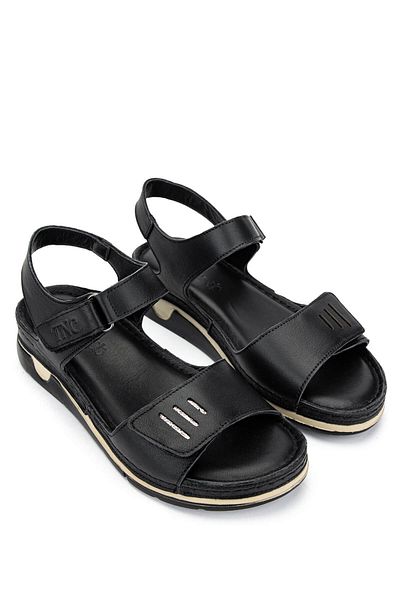 Tamer Tanca Women's Genuine Leather Black Leather Flat Sandals