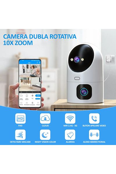 NEXTLY Camera dubla de supraveghere WiFi 5G, NEXTLY, pentru interior, 5MP, suport card SD 64GB