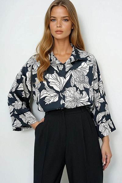VAGGON Women's Ecru-Black Digital Printed Oversize Double Sleeve Premium Woven Shirt Prmx13953