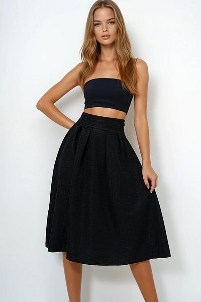 VAGGON Women's Black High Waist Wide Belted Midi Length Textured Skirt with Hidden Zipper Prmx13473