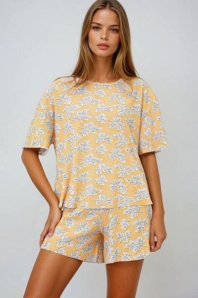 VAGGON Women's Leaf Patterned Mustard V-Neck Cotton Micro Patterned T-Shirt and Shorts Pajama Set Pjmx13894