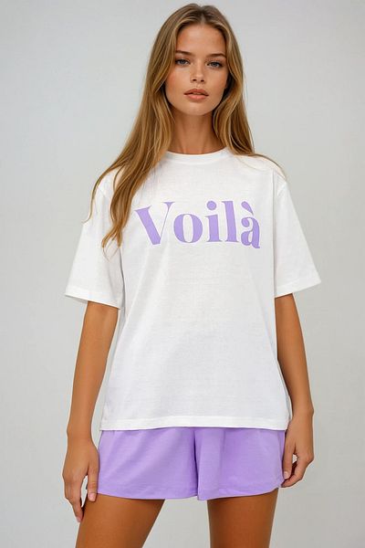 VAGGON Women's Lilac Front Text Printed Cotton Basic T-Shirt and Shorts Combed Cotton Bottom Top Set Pjmx13902