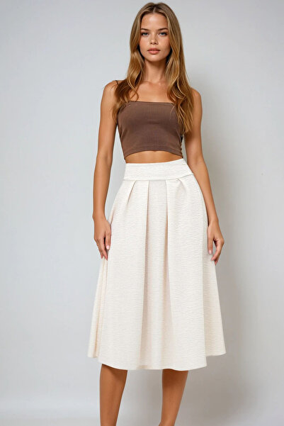 VAGGON Women's Cream High Waist Wide Belt Hidden Zipper Midi Length Textured Lined Skirt Prmx13473