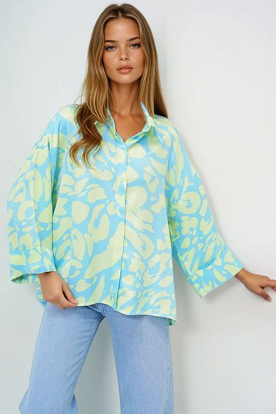 VAGGON Women's Green Blue Digital Printed Oversize Double Sleeve Premium Woven Shirt Prmx13953