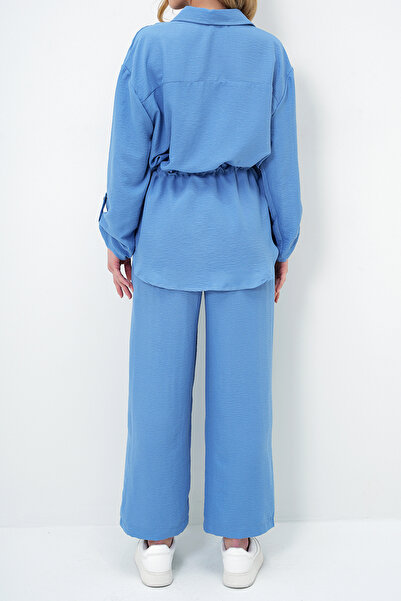 VAGGON Women's Indigo Double Pocket Safari Jacket and Elastic Waist Wide Leg Aerobin Trousers Suit Ymx8448