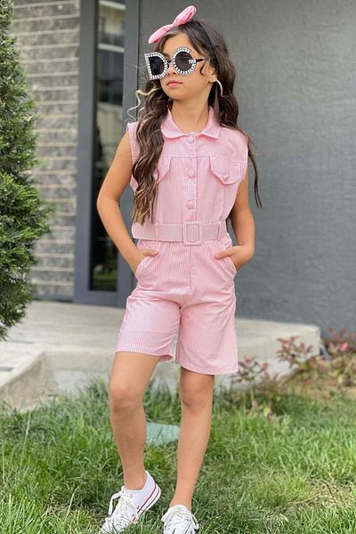 Riccotarz Girl's Shirt Collar Overalls with Stripes and Double Pockets with Belt Pink Shorts