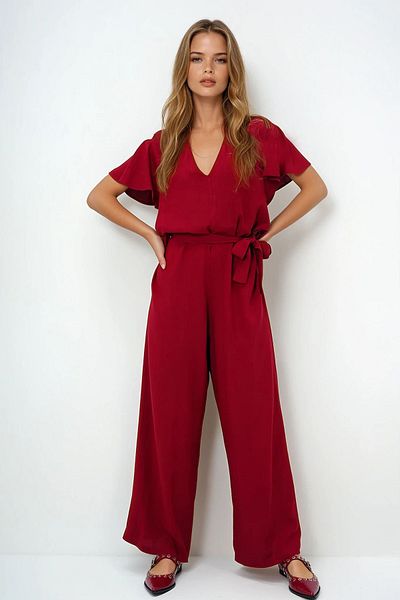 VAGGON Women's Burgundy V-Neck Flared Sleeves Self Belted Woven Summer Jumpsuit Prmx13787