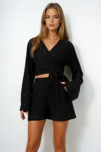 VAGGON Women's Black Double-Breasted Collar Waist-Tied Guipure Blouse and Lined Shorts Set Prmx14092