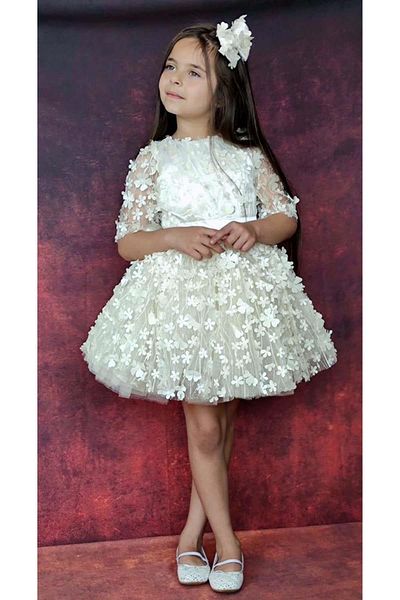 Riccotarz Girl's Cream Dress with Transparent Tulle Sleeves and Daisy Motif on the Waist and Ribbon Detail