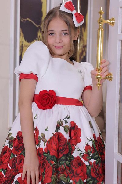 Riccotarz Girl's Stripe Detail on Sleeves and Waist Watermelon Sleeve Skirt with Tulle and Rose Print White Dress