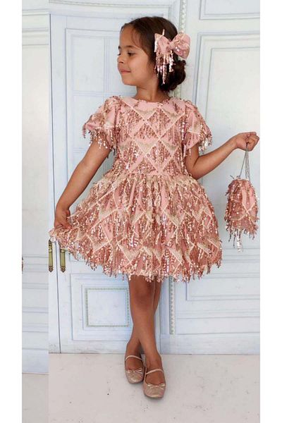 Riccotarz Girl's Sequined Embroidered Tasseled Shiny Salmon Dress
