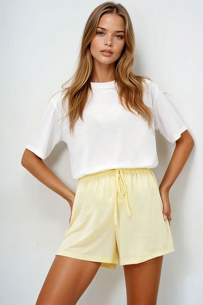 VAGGON Women's Butter Yellow Cotton Basic T-Shirt and Tie-Up Shorts Combed Cotton Bottom Top Set Pjmx13904