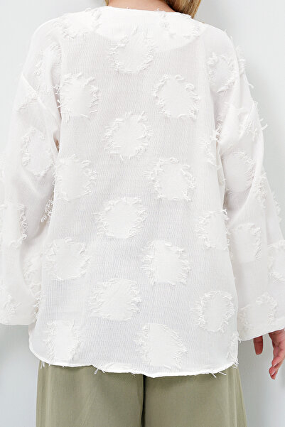 VAGGON Women's White V-Neck Front Tie Tassel Detailed Summer Linen Jacket Prmx13793