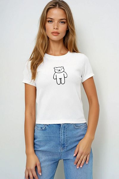 VAGGON Tricou alb pentru femei, cu decolteu rotund, cu ursuleț de pluș brodat Ottoban Prmx13917