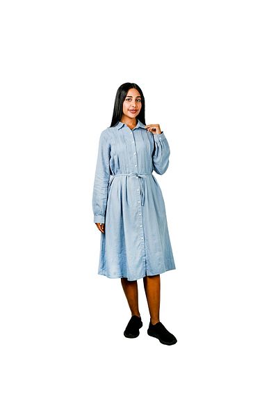 Giordano Women Linen-Cotton Poplin Belted Shirt Dress - Comfort Fit