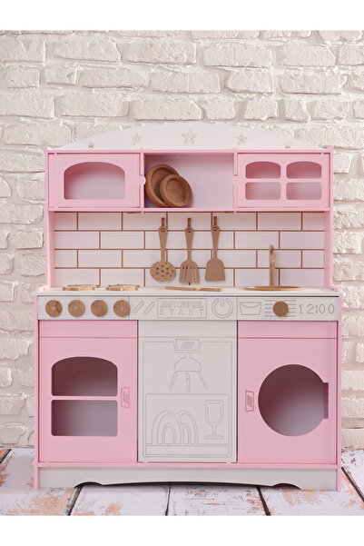 Buradadavar Hobi Ahşap Boyalı Pembe Ahşap Oyuncak Bulaşık Makine Detaylı Mutf...