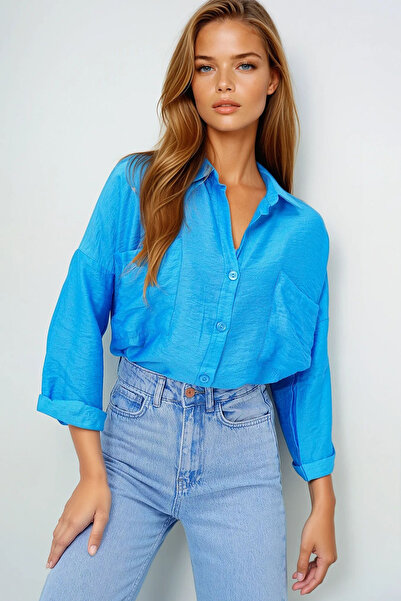VAGGON Women's Blue Double Pocket Oversize Woven Shirt Prmx13960