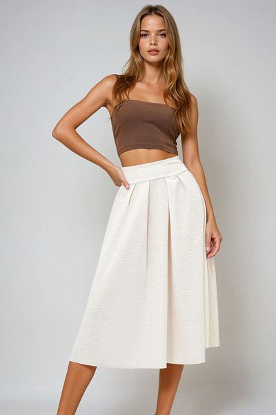VAGGON Women's Cream High Waist Wide Belt Hidden Zipper Midi Length Textured Skirt Prmx13473