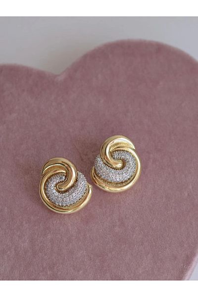 Reorah Collection Golden Sparkle Earrings-Zircon Stone Silver Gold Detailed Spiral Earrings