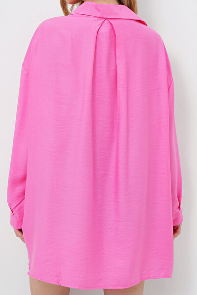 VAGGON Women's Fuchsia Single Pocket Oversize Aerobin Linen Shirt Prmx13911