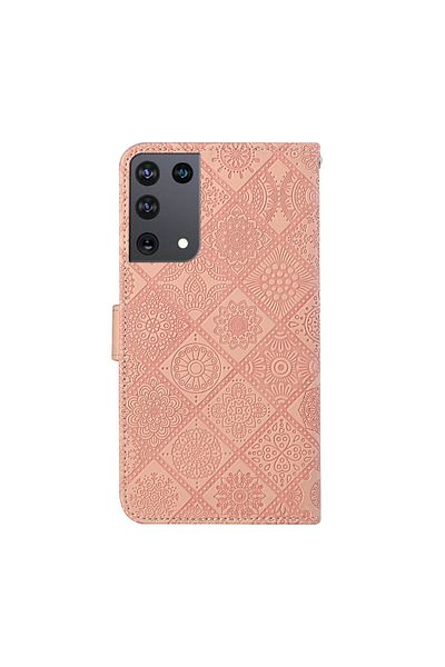 REDz Accessories Husă compatibilă cu Samsung S21 Ultra, capac cu clapă, model etnic, roz, slot pentru card, piele