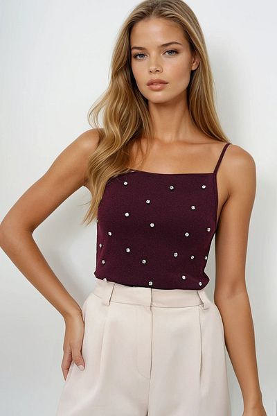 VAGGON Women's Burgundy Square Collar Trok Stone Pocketed Rope Strap Blouse Prmx13884