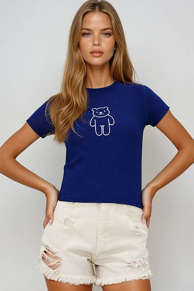 VAGGON Women's Navy Blue Crew Neck Teddy Bear Embroidered Ottoban Crop T-Shirt Prmx13917