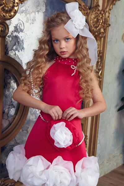 Riccotarz Girl's Stand-Up Collar Pearl Detail Zero Sleeve Skirt 3D Rose Embroidered Slim Cut Fuchsia Dress