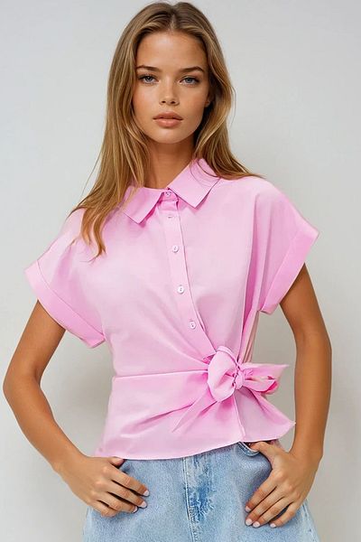 VAGGON Women's Pink Double Sleeve Lacing Detailed Poplin Shirt Prmx13989