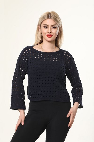 MODASPARK Navy Blue Perforated Women's Crop Blouse