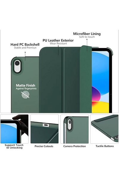 REDz Accessories Flip Protective Case for iPad 10 2022/2024, iPad 11 2025, Book Model, Foldable for Stand, Dark Green