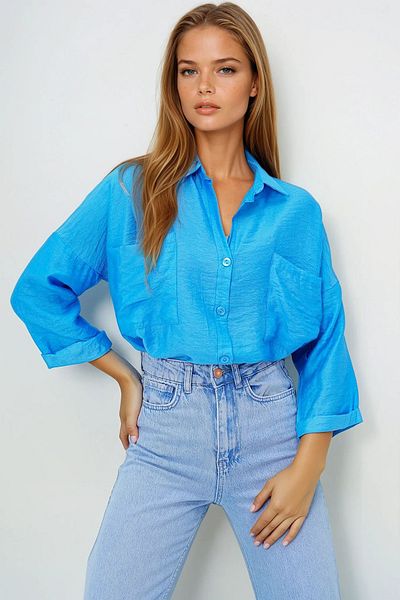 VAGGON Women's Blue Double Pocket Oversize Woven Shirt Prmx13960
