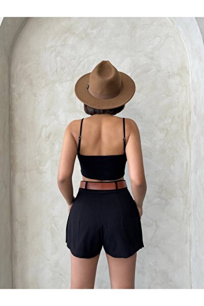 Bleu Petite Kemerli Gabardin Kumaş Kadın Şort Etek