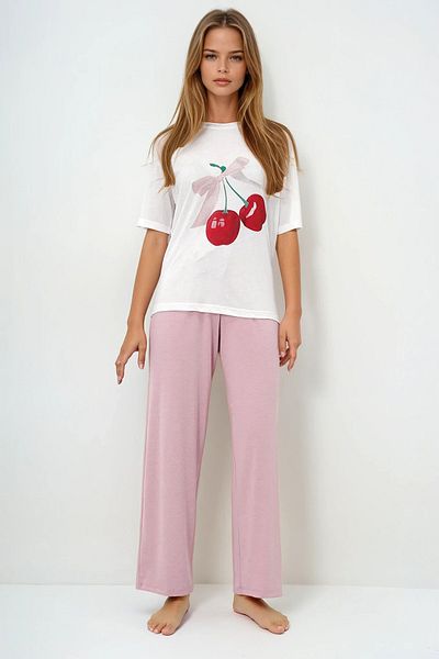 VAGGON Women's Powder Crew Neck Printed T-Shirt and Solid Color Pants Pajama Set Pjmx13883