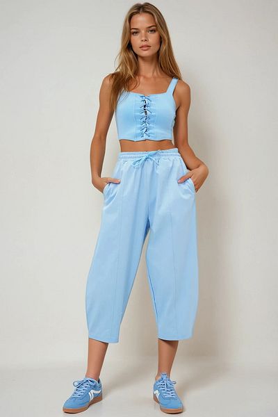 VAGGON Women's Blue Front Stitching Detailed 4 Pocket Shalwar Cut Woven Linen Trousers Prmx14050