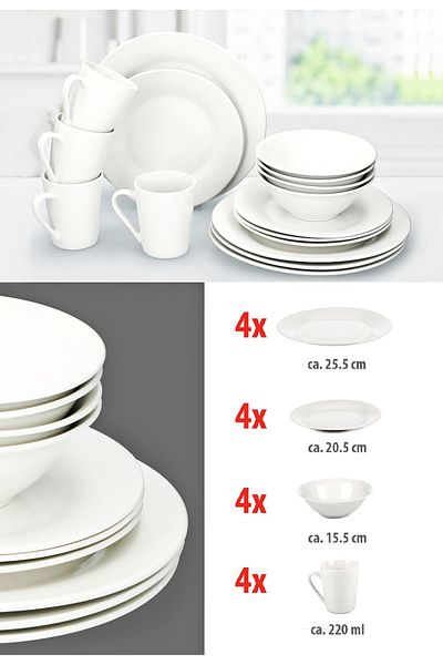Alpina Home Set de cină și mic dejun Set de masă cu 16 farfurii și căni din ceramică albă Farfurii