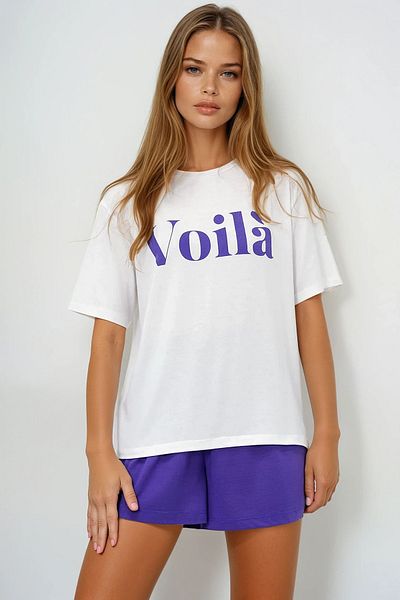 VAGGON Women's Purple Front Text Printed Cotton Basic T-Shirt and Shorts Combed Cotton Bottom Top Set Pjmx13902