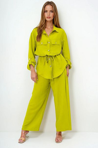 VAGGON Women's Oil Green Double Pocket Safari Jacket and Elastic Waist Wide Leg Aerobin Trousers Suit Ymx8448
