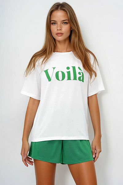 VAGGON Women's Green Front Text Printed Cotton Basic T-Shirt and Shorts Combed Cotton Bottom Top Set Pjmx13902