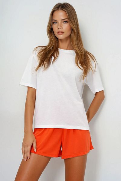 VAGGON Women's Orange Cotton Basic T-Shirt and Tie-Up Shorts Combed Cotton Bottom Top Set Pjmx13904