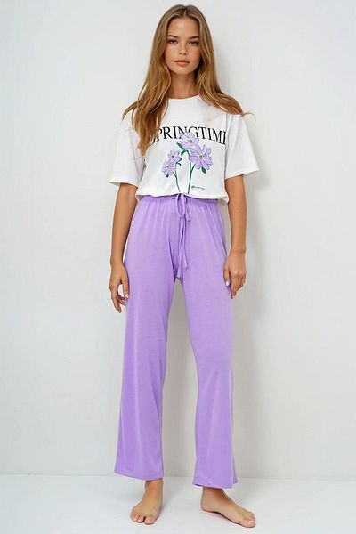 VAGGON Women's Lilac Crew Neck Printed T-Shirt and Solid Color Pants Pajama Set Pjmx13883