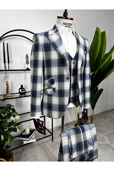 AGUSTİNİ Navy Blue Plaid Vest Suit with Pointed Collar Slim Fit Pattern |   Agustini