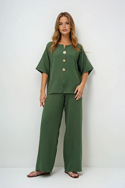 VAGGON Kadın Haki V Yaka Metal Gold Düğme Detaylı Aerobin Bluz Ve Pantolon Alt Üst Takım Prmx14122