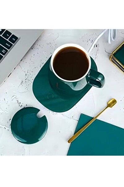 Generic Desktop Coffee Cup Heater With Lid And Gold Spoon, 380.0ml 15.0w Luck 367 Dark Green