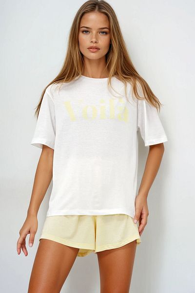 VAGGON Women's Butter Yellow Front Text Printed Cotton Basic T-Shirt and Shorts Combed Cotton Bottom Top Set Pjmx13902