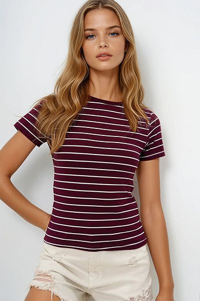 VAGGON Women's Burgundy Crew Neck Striped T-Shirt Prmx13919