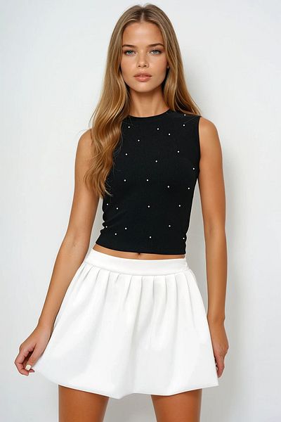 VAGGON Crew Neck Pearl Studded Summer Crop Blouse