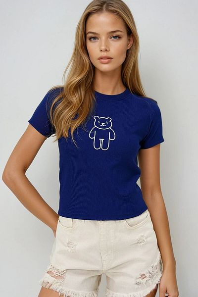 VAGGON Women's Navy Blue Crew Neck Teddy Bear Embroidered Ottoban Crop T-Shirt Prmx13917